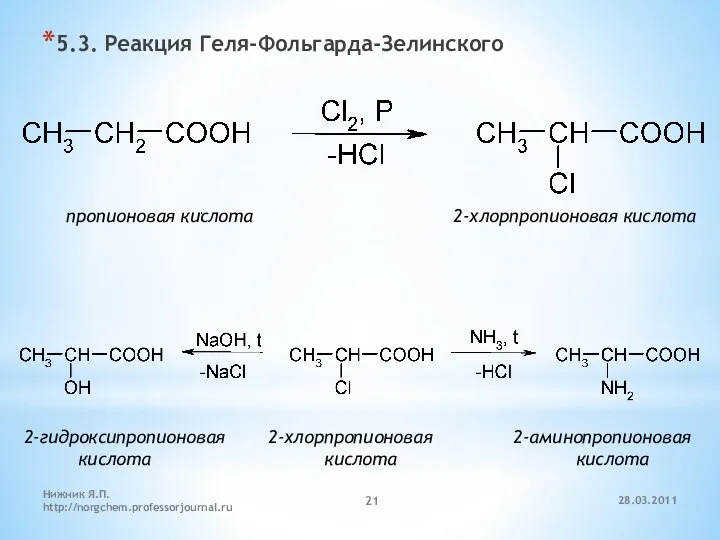 5.3. Реакция Геля-Фольгарда-Зелинского пропионовая кислота 2-хлорпропионовая кислота 2-гидроксипропионовая 2-хлорпропионовая 2-аминопропионовая кислота