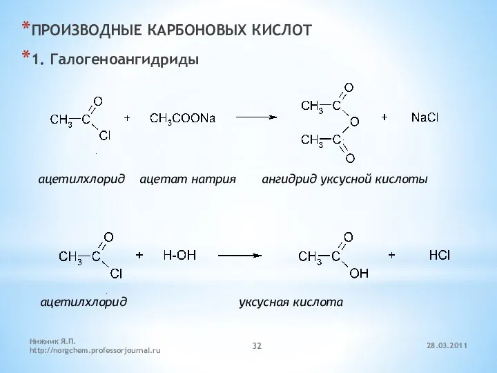 ПРОИЗВОДНЫЕ КАРБОНОВЫХ КИСЛОТ 1. Галогеноангидриды ацетилхлорид ацетат натрия ангидрид уксусной кислоты