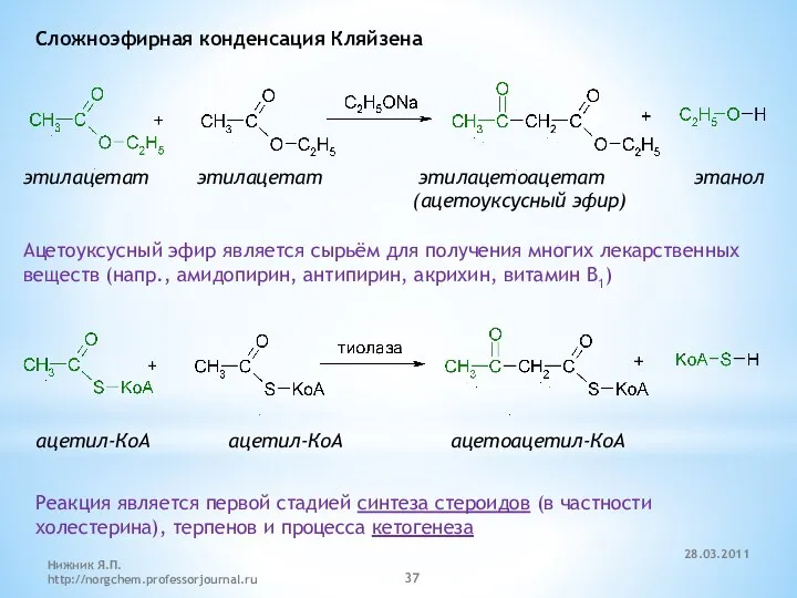 Сложноэфирная конденсация Кляйзена этилацетат этилацетат этилацетоацетат этанол (ацетоуксусный эфир) Ацетоуксусный эфир