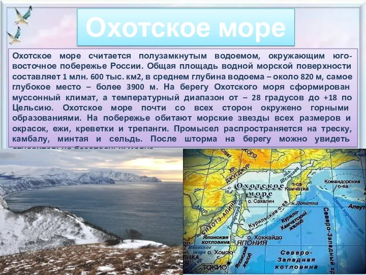 Охотское море Охотское море считается полузамкнутым водоемом, окружающим юго-восточное побережье России.