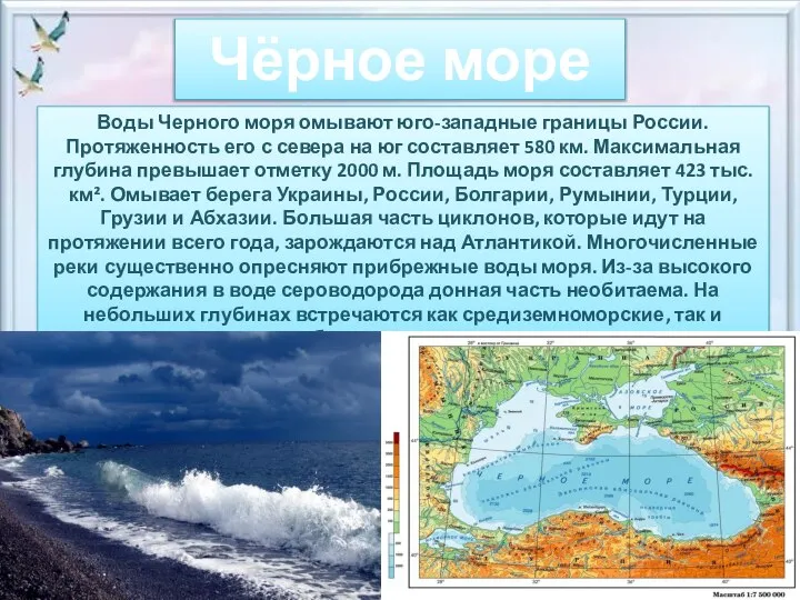 Чёрное море Воды Черного моря омывают юго-западные границы России. Протяженность его