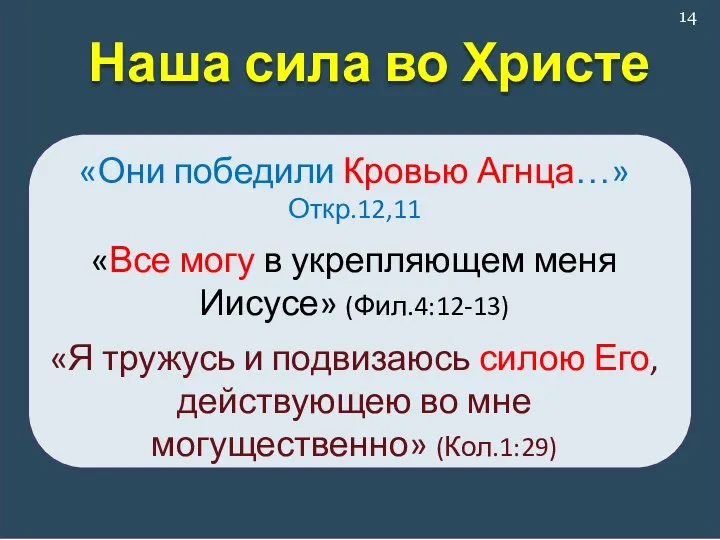 Наша сила во Христе «Они победили Кровью Агнца…» Откр.12,11 «Все могу