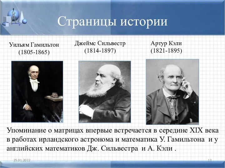 Страницы истории 25.01.2022 Уильям Гамильтон (1805-1865) Джеймс Сильвестр (1814-1897) Артур Кэли