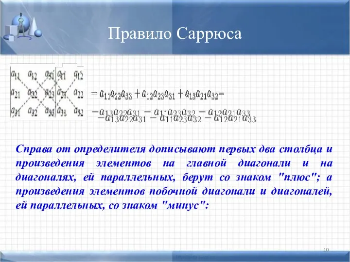 Правило Саррюса Справа от определителя дописывают первых два столбца и произведения