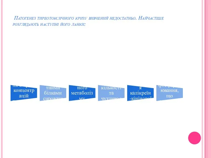 Патогенез тиреотоксичного кризу вивчений недостатньо. Найчастіше розглядають наступні його ланки: Раптове