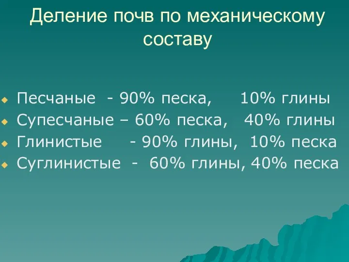 Деление почв по механическому составу Песчаные - 90% песка, 10% глины