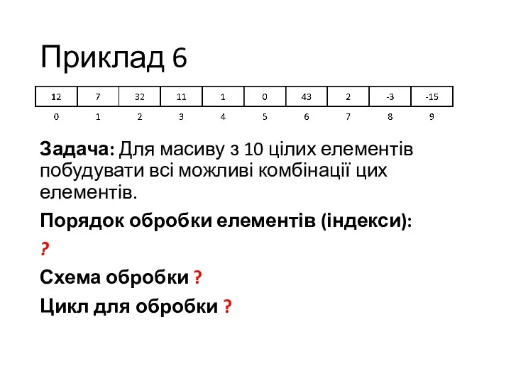 Приклад 6 Задача: Для масиву з 10 цілих елементів побудувати всі