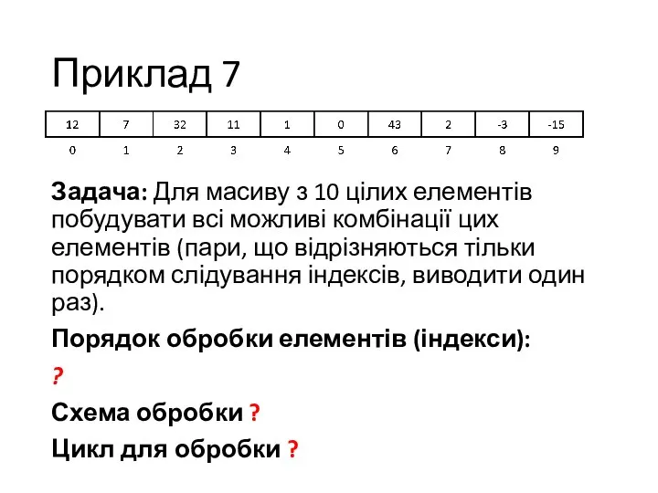 Приклад 7 Задача: Для масиву з 10 цілих елементів побудувати всі