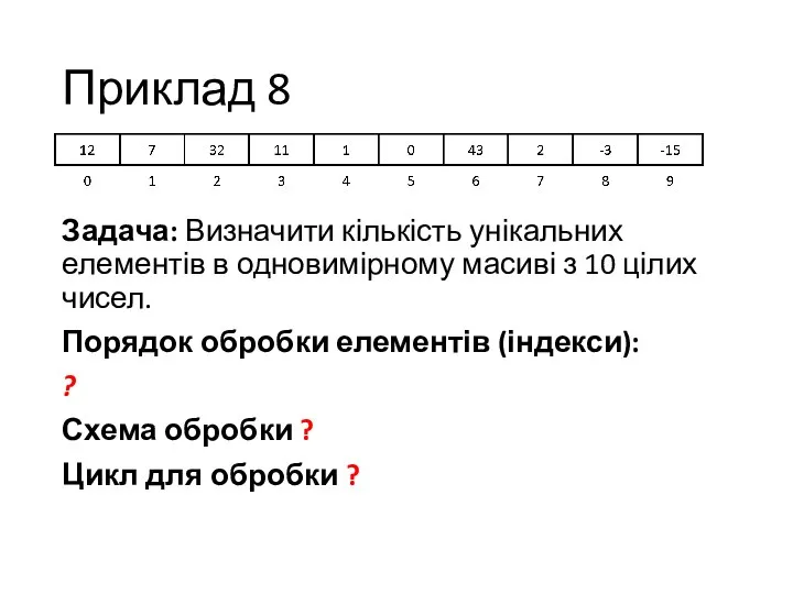 Приклад 8 Задача: Визначити кількість унікальних елементів в одновимірному масиві з