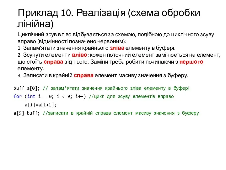 Приклад 10. Реалізація (схема обробки лінійна) Циклічний зсув вліво відбувається за