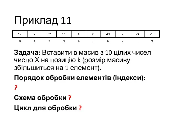 Приклад 11 Задача: Вставити в масив з 10 цілих чисел число