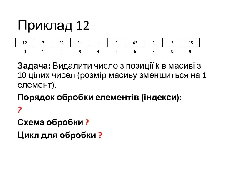 Приклад 12 Задача: Видалити число з позиції k в масиві з