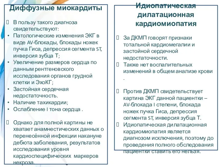 Диффузные миокардиты В пользу такого диагноза свидетельствуют: Патологические изменения ЭКГ в