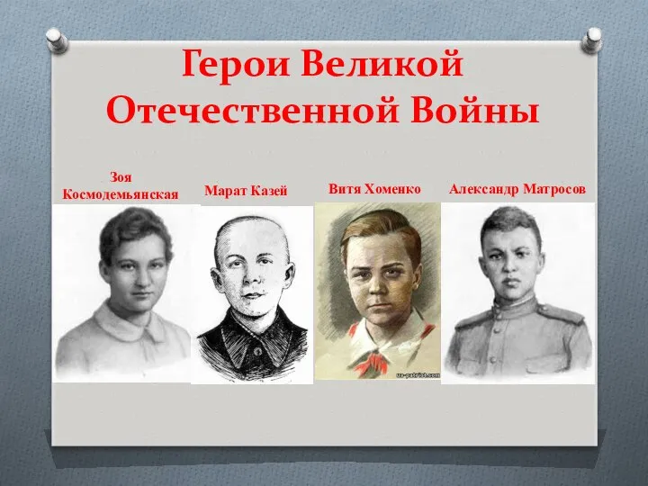 Герои Великой Отечественной Войны Зоя Космодемьянская Марат Казей Витя Хоменко Александр Матросов