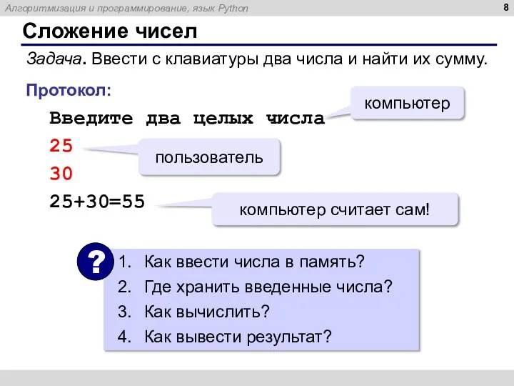 Сложение чисел Задача. Ввести с клавиатуры два числа и найти их