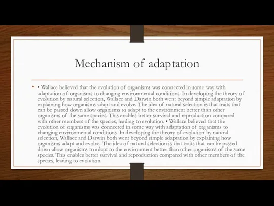 Mechanism of adaptation • Wallace believed that the evolution of organisms