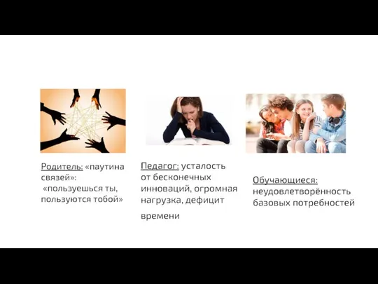 Родитель: «паутина связей»: «пользуешься ты, пользуются тобой» Педагог: усталость от бесконечных