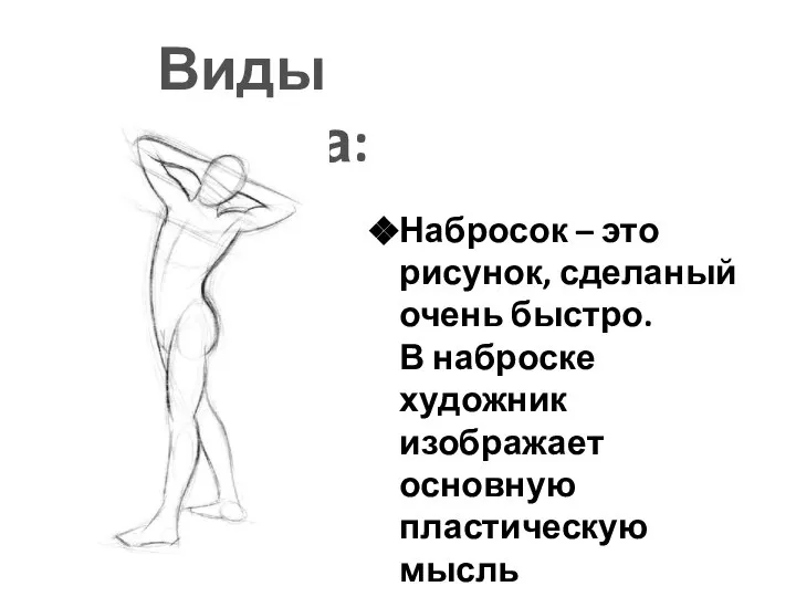 Виды рисунка: Набросок – это рисунок, сделаный очень быстро. В наброске художник изображает основную пластическую мысль