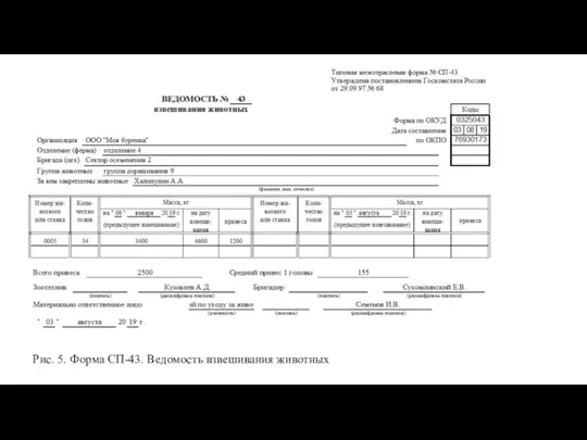 Рис. 5. Форма СП-43. Ведомость взвешивания животных