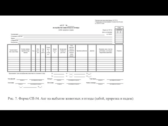 Рис. 7. Форма СП-54. Акт на выбытие животных и птицы (забой, прирезка и падеж)