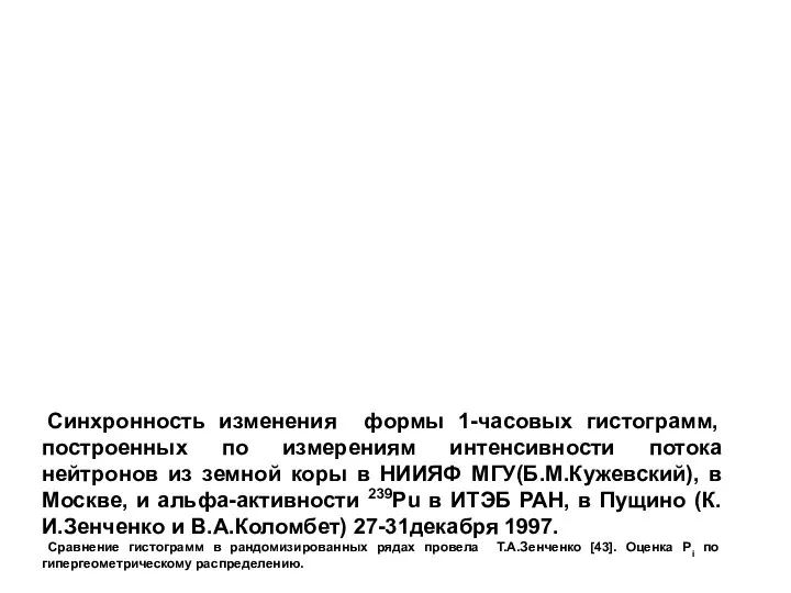 Синхронность изменения формы 1-часовых гистограмм, построенных по измерениям интенсивности потока нейтронов