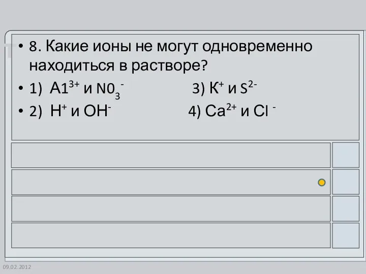 09.02.2012 8. Какие ионы не могут одновременно находиться в растворе? 1)