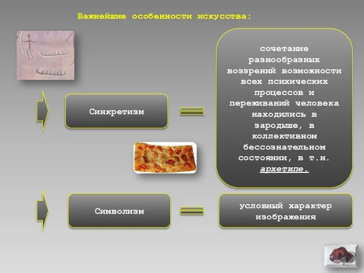 Важнейшие особенности искусства: Синкретизм Символизм сочетание разнообразных воззрений возможности всех психических