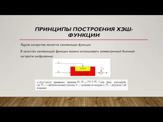 ПРИНЦИПЫ ПОСТРОЕНИЯ ХЭШ-ФУНКЦИИ Ядром алгоритма является сжимающая функция В качестве сжимающей