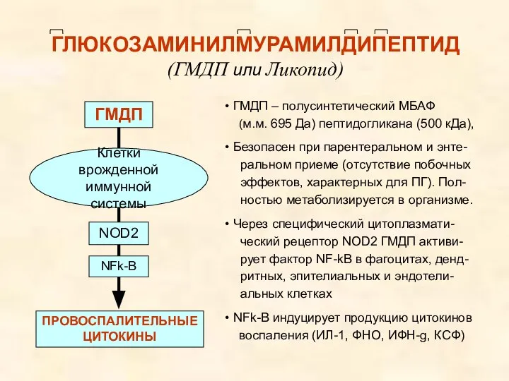 ГМДП Клетки врожденной иммунной системы NOD2 NFk-B ПРОВОСПАЛИТЕЛЬНЫЕ ЦИТОКИНЫ ГЛЮКОЗАМИНИЛМУРАМИЛДИПЕПТИД (ГМДП