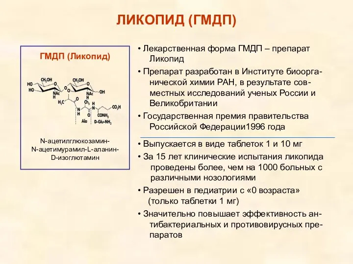 N-ацетилглюкозамин- N-ацетимурамил-L-аланин- D-изоглютамин ГМДП (Ликопид) ЛИКОПИД (ГМДП) Лекарственная форма ГМДП –