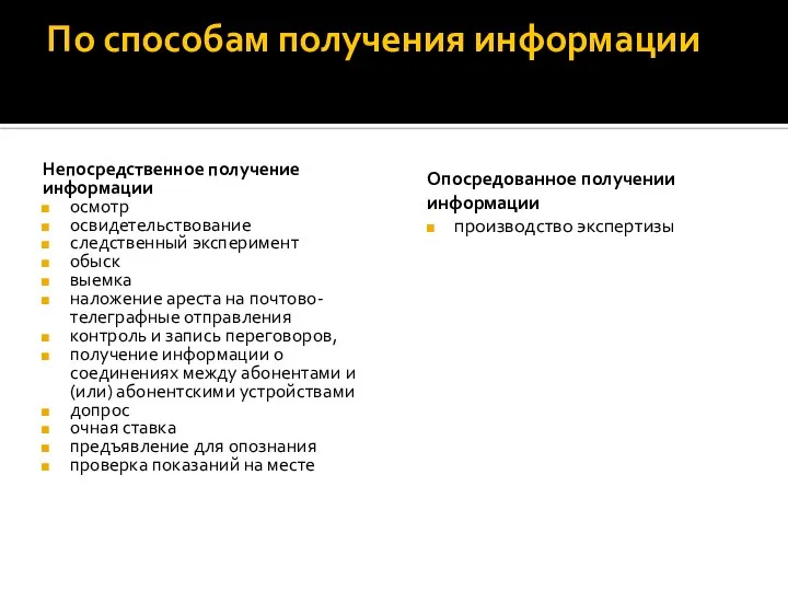 По способам получения информации Непосредственное получение информации осмотр освидетельствование следственный эксперимент