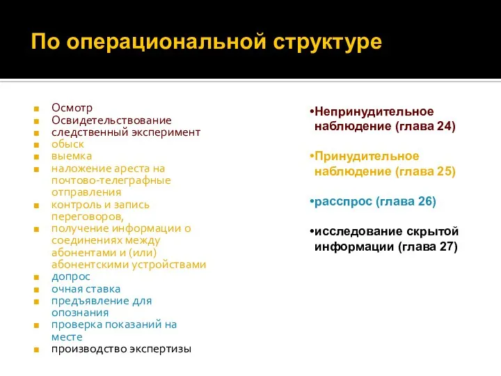 По операциональной структуре Осмотр Освидетельствование следственный эксперимент обыск выемка наложение ареста