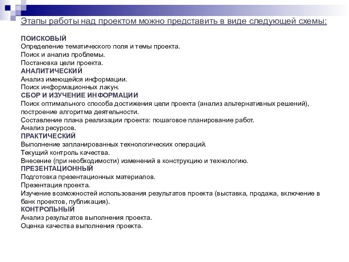 Этапы работы над проектом можно представить в виде следующей схемы: ПОИСКОВЫЙ