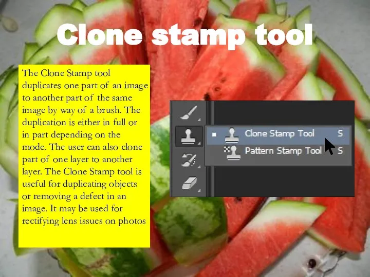 Clone stamp tool The Clone Stamp tool duplicates one part of