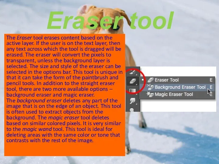 Eraser tool The Eraser tool erases content based on the active