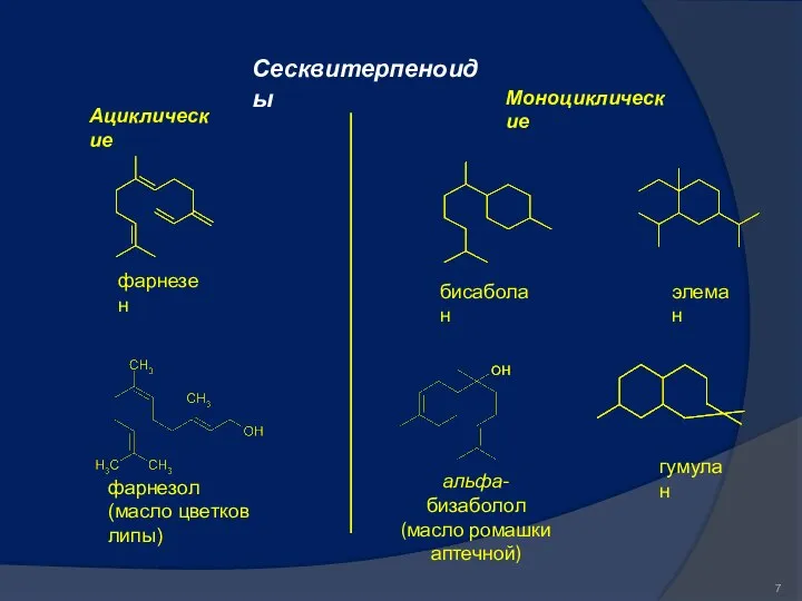 Сесквитерпеноиды Ациклические фарнезен фарнезол (масло цветков липы) Моноциклические бисаболан элеман альфа-бизаболол (масло ромашки аптечной) гумулан