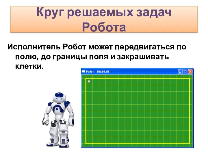 Круг решаемых задач Робота Исполнитель Робот может передвигаться по полю, до границы поля и закрашивать клетки.