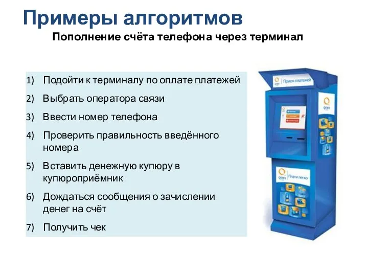 Примеры алгоритмов Пополнение счёта телефона через терминал Подойти к терминалу по