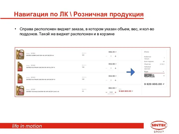 Навигация по ЛК \ Розничная продукция Справа расположен виджет заказа, в