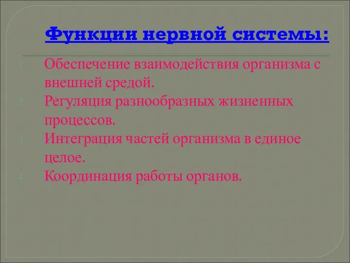 Функции нервной системы: Обеспечение взаимодействия организма с внешней средой. Регуляция разнообразных