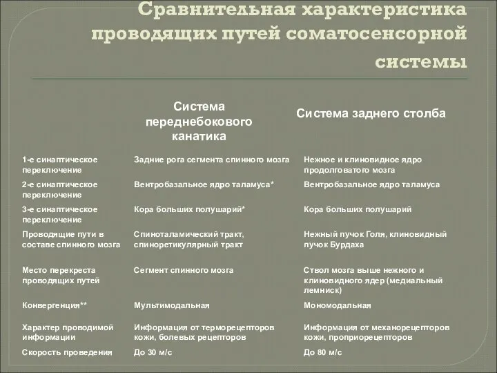 Сравнительная характеристика проводящих путей соматосенсорной системы