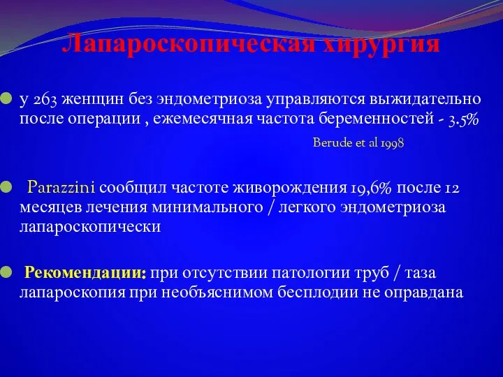 Лапароскопическая хирургия у 263 женщин без эндометриоза управляются выжидательно после операции