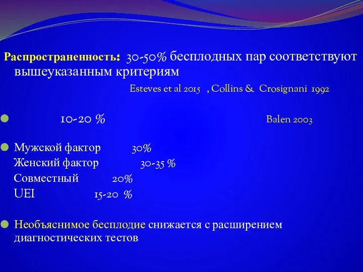 Распространенность: 30-50% бесплодных пар соответствуют вышеуказанным критериям Esteves et al 2015