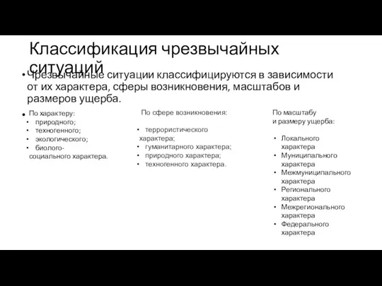 Классификация чрезвычайных ситуаций Чрезвычайные ситуации классифицируются в зависимости от их характера,