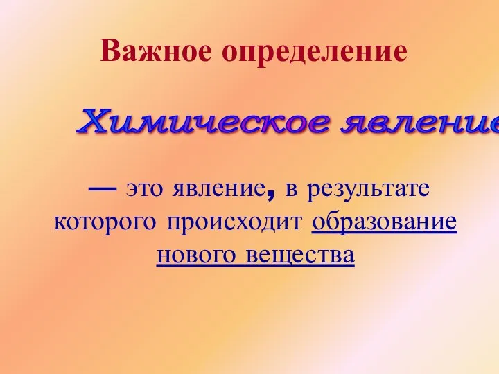 Химическое явление — это явление, в результате которого происходит образование нового вещества Важное определение