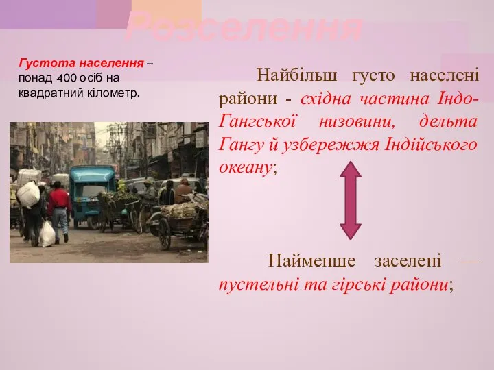 Розселення Найбільш густо населені райони - східна частина Індо-Гангської низовини, дельта