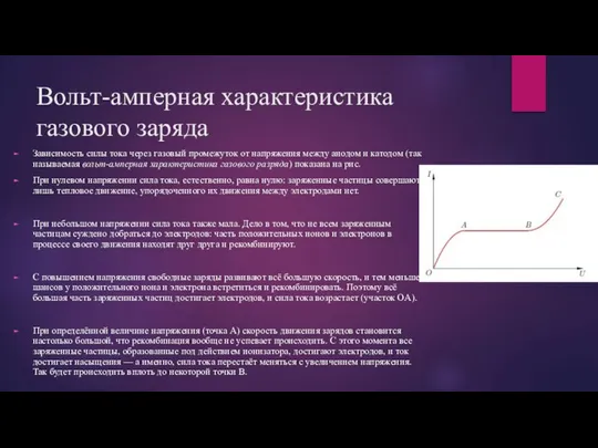 Вольт-амперная характеристика газового заряда Зависимость силы тока через газовый промежуток от