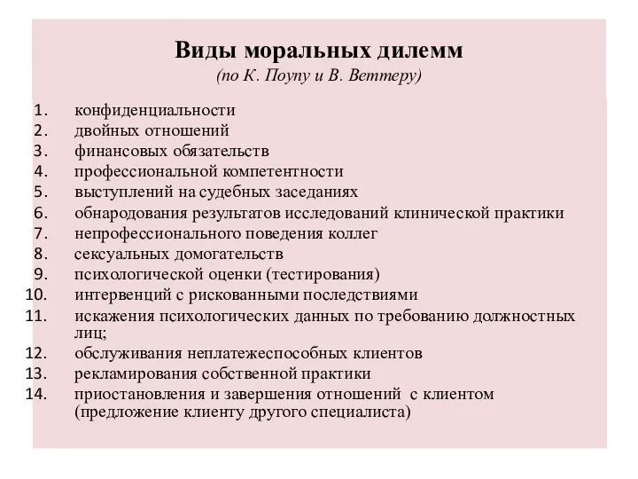 Виды моральных дилемм (по К. Поупу и В. Веттеру) конфиденциальности двойных