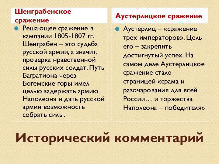 Исторический комментарий Шенграбенское сражение Аустерлицкое сражение Решающее сражение в кампании 1805-1807