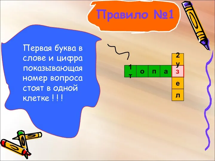 Первая буква в слове и цифра показывающая номер вопроса стоят в